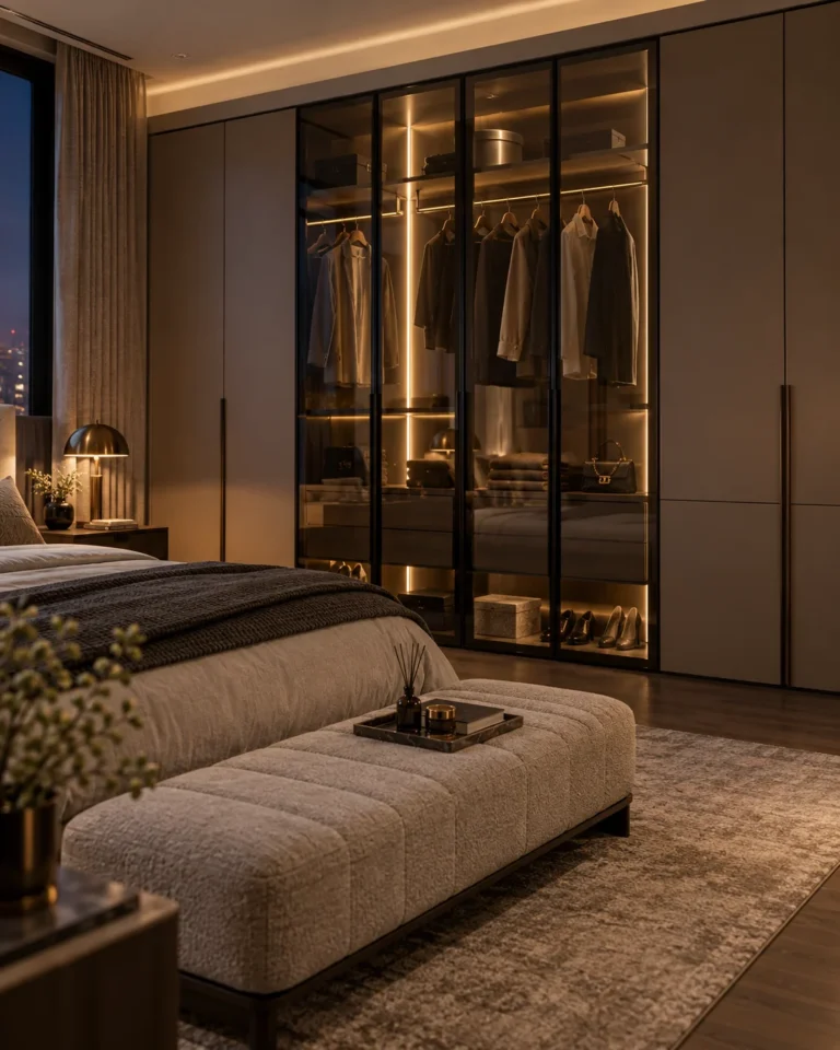 Smoked Glass Doors with Vertical Warm LED Strips